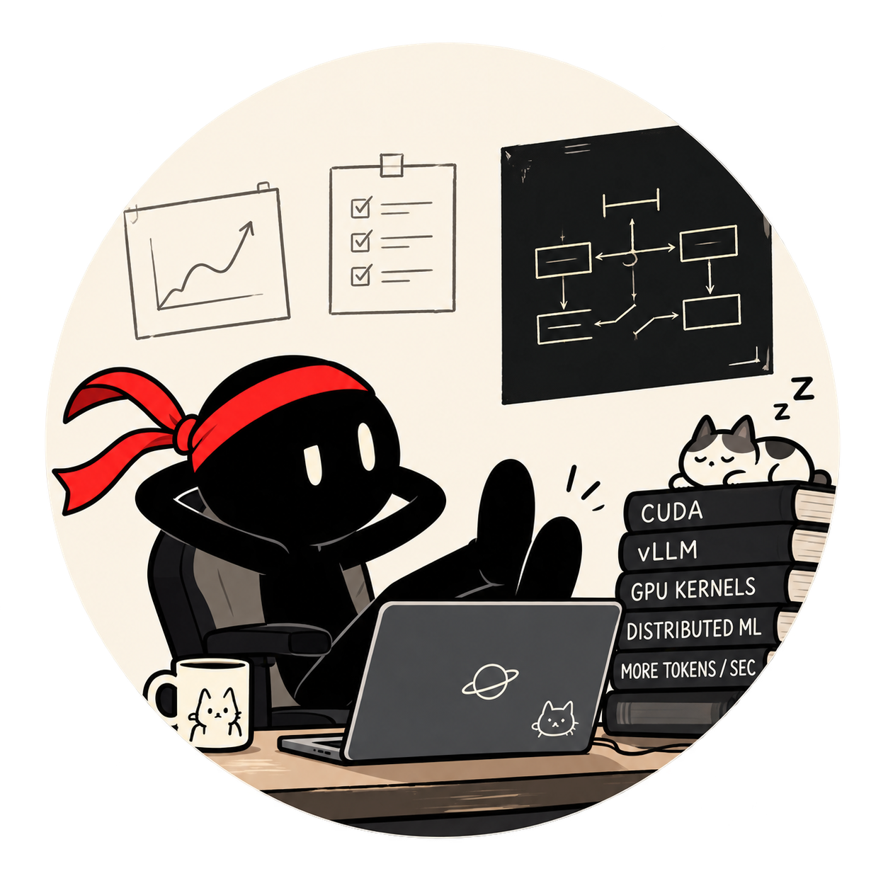 Chenxi Ma's illustrated avatar: a character with a red headband at a laptop, with cats and GPU books